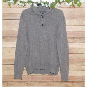 Men’s J. CREW Gray Pullover Sweater L Shawl Cowl Neck 1/4 Button Lambs Wool